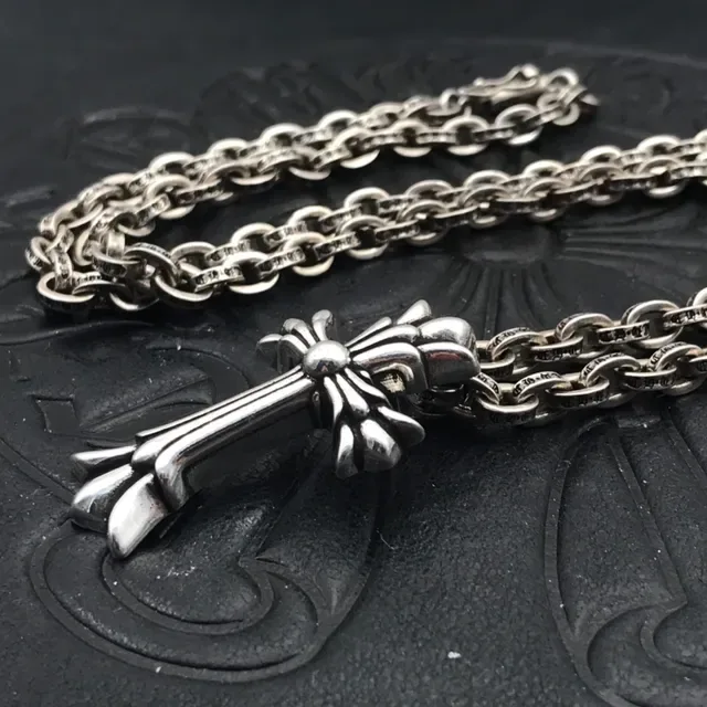 Chrome Hearts Silver Black Ornate Gothic Cross Fleur-De-Lis Motif Necklace 8