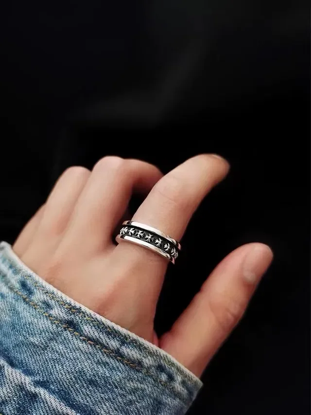 Chrome Hearts Silver Black Rotating Band Spiked Cross Motifs Ring 3