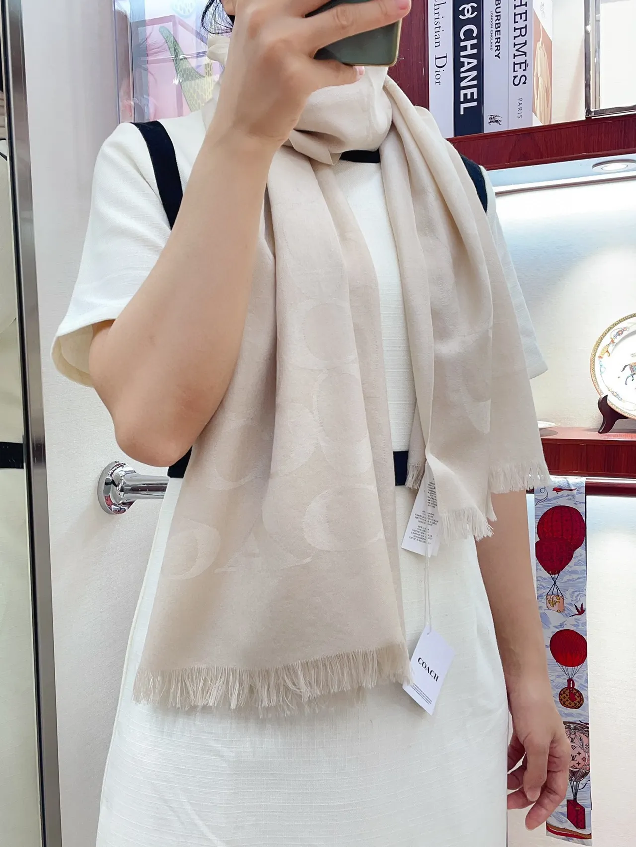 Coach Monogrammed Beige Cashmere Scarf 2