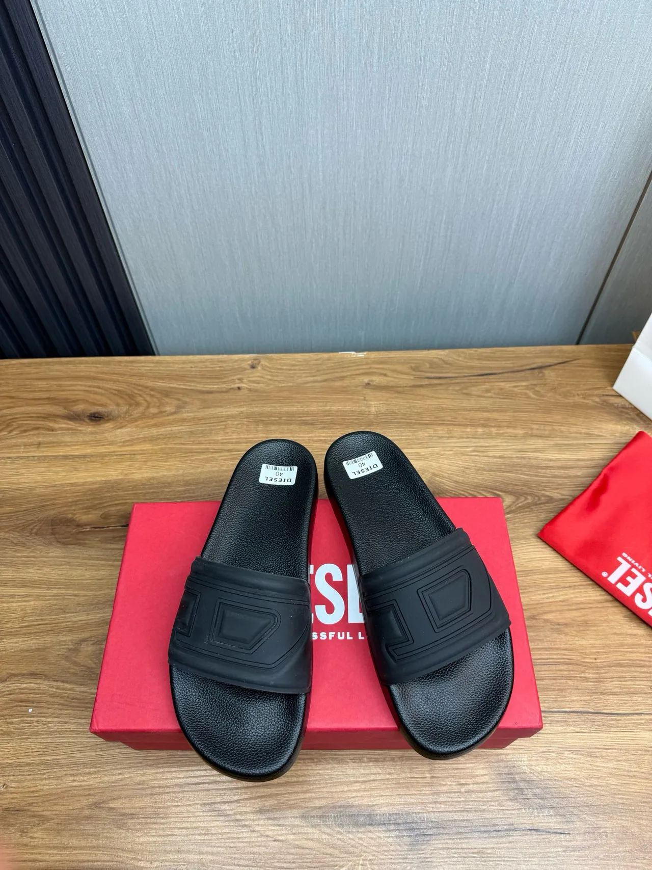 Diesel D-Strap Black Molded Rubber Textured Footbed Slippers 2