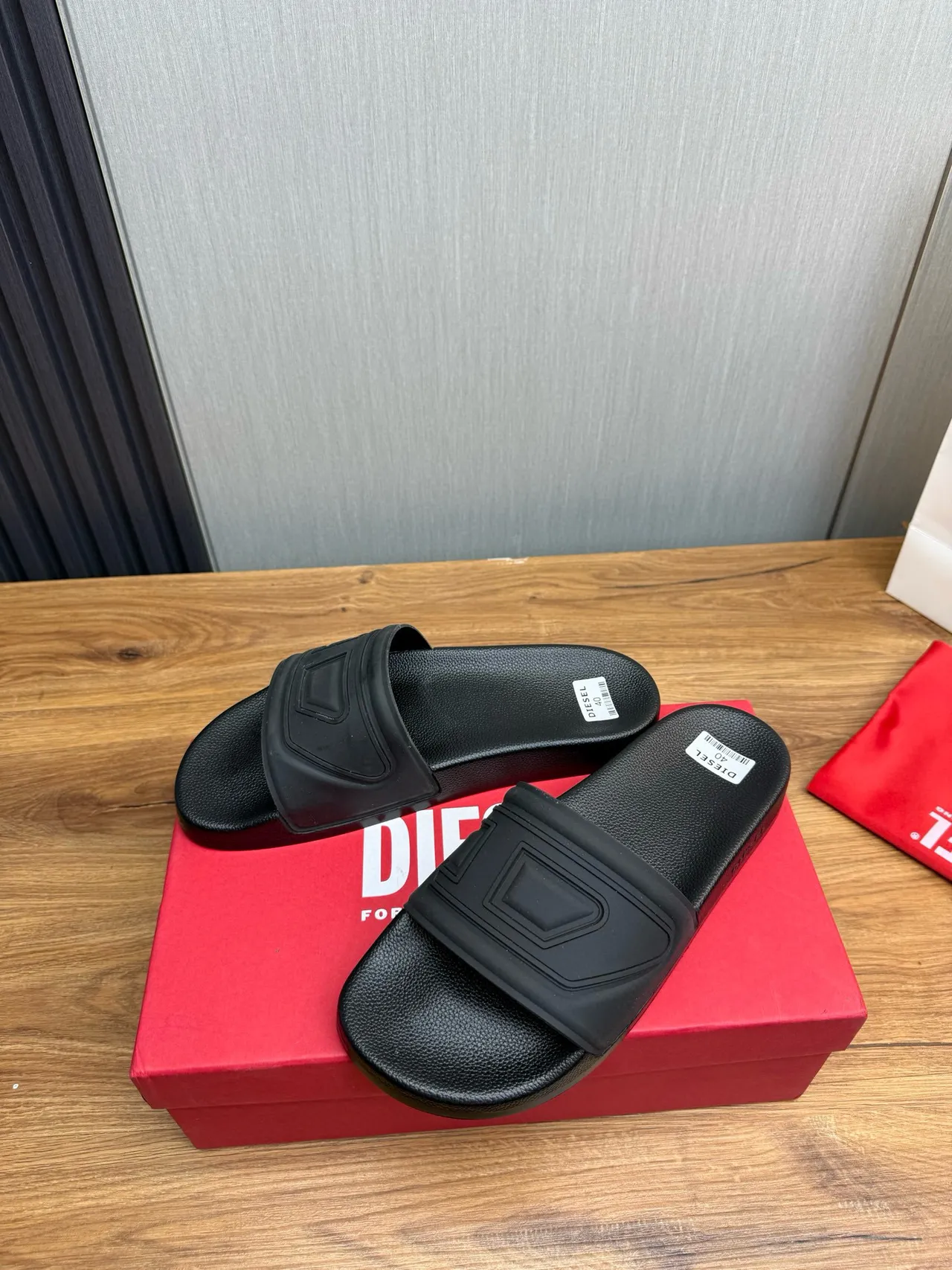 Diesel D-Strap Black Molded Rubber Textured Footbed Slippers 3