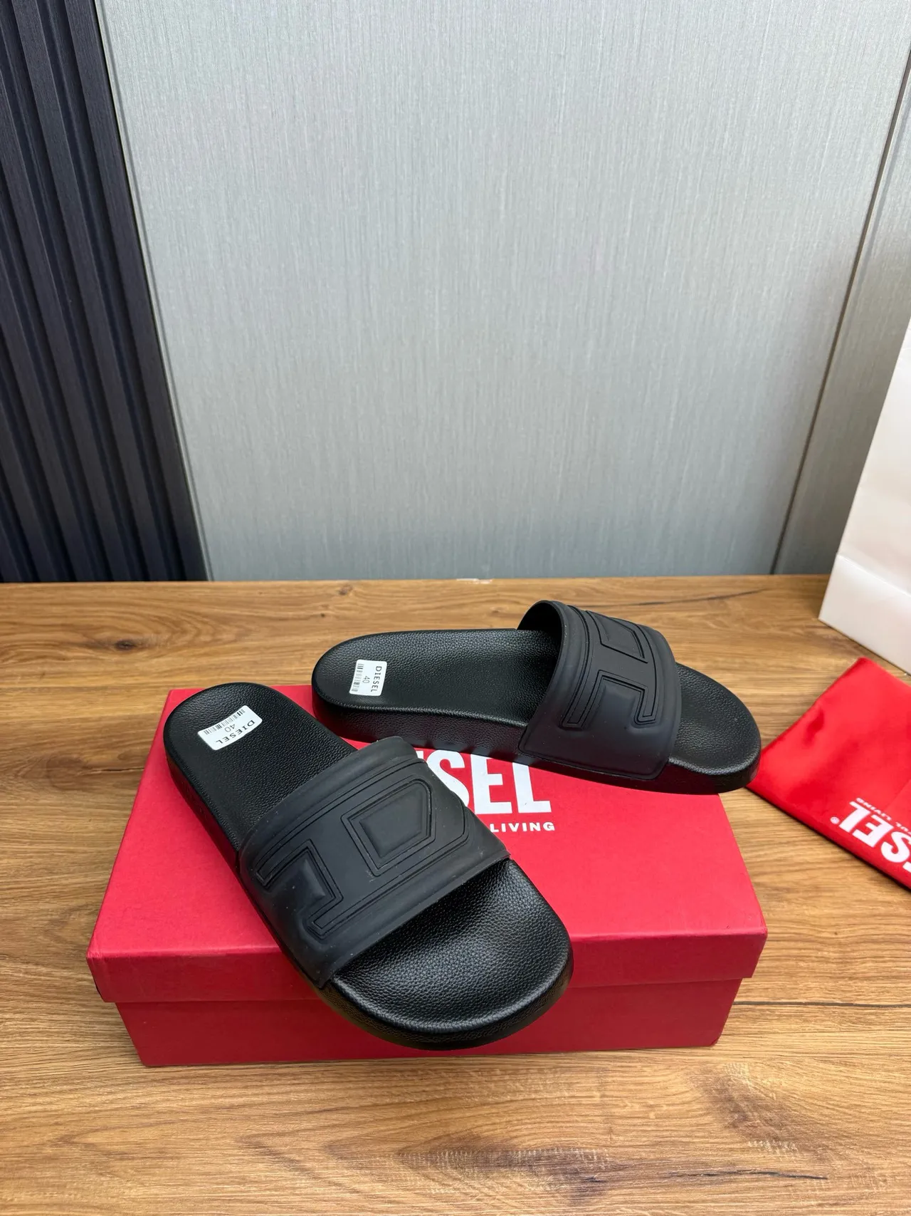 Diesel D-Strap Black Molded Rubber Textured Footbed Slippers 5