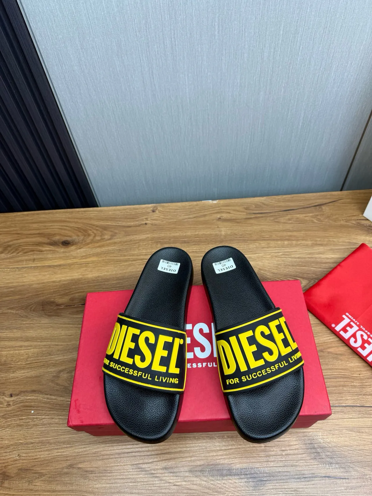 Diesel Successful Living Slide Black and Yellow Slippers 2
