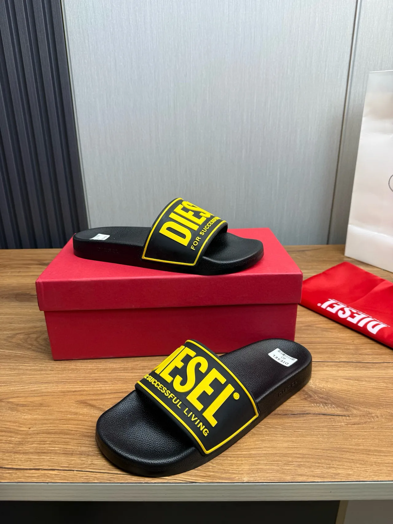 Diesel Successful Living Slide Black and Yellow Slippers 4