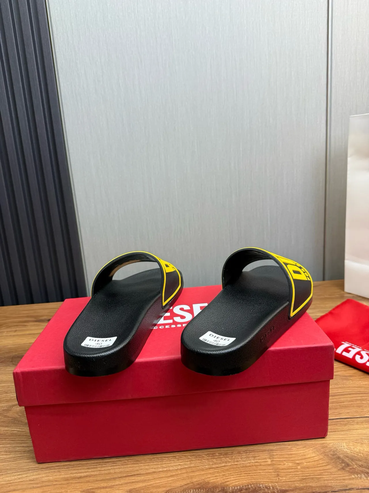 Diesel Successful Living Slide Black and Yellow Slippers 5