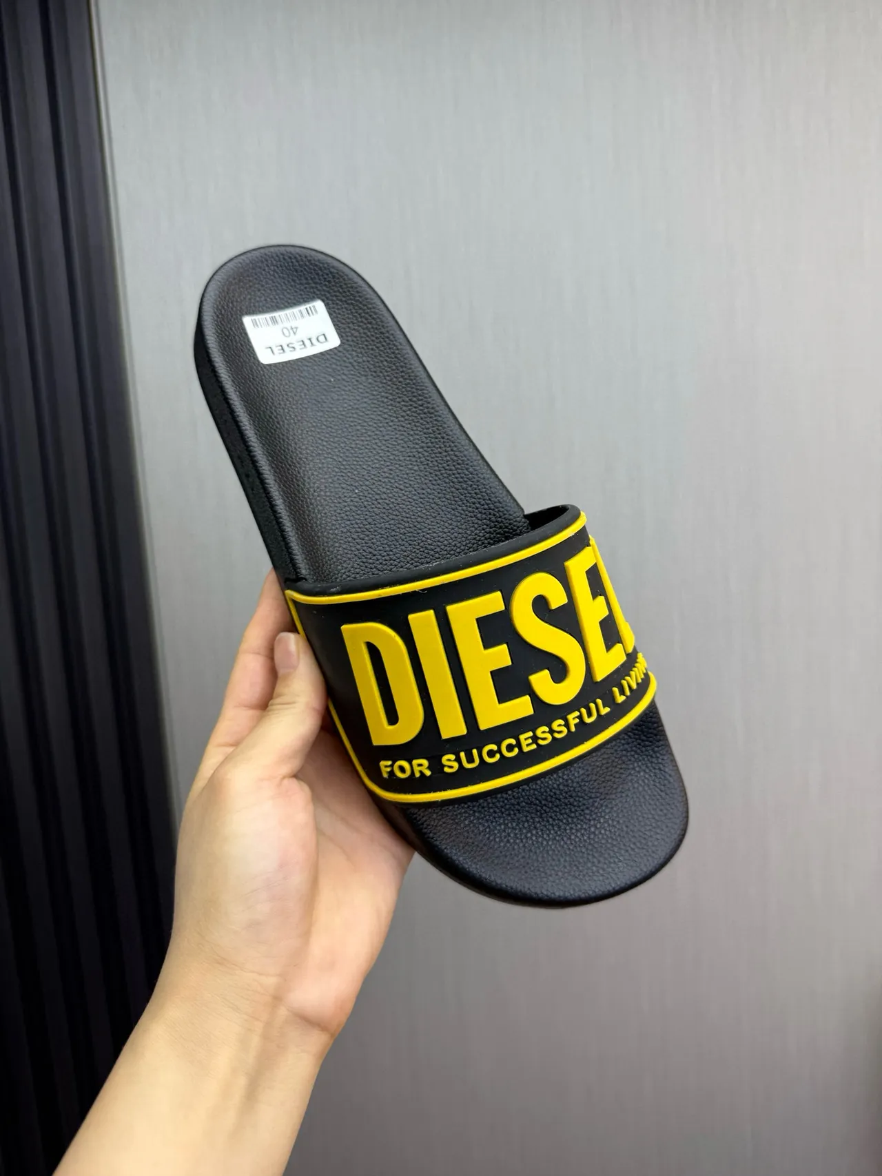 Diesel Successful Living Slide Black and Yellow Slippers 7