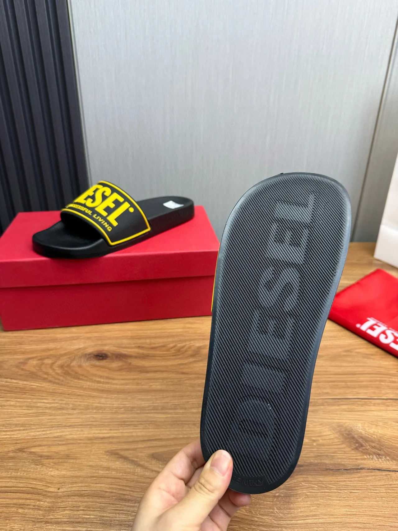 Diesel Successful Living Slide Black and Yellow Slippers 9