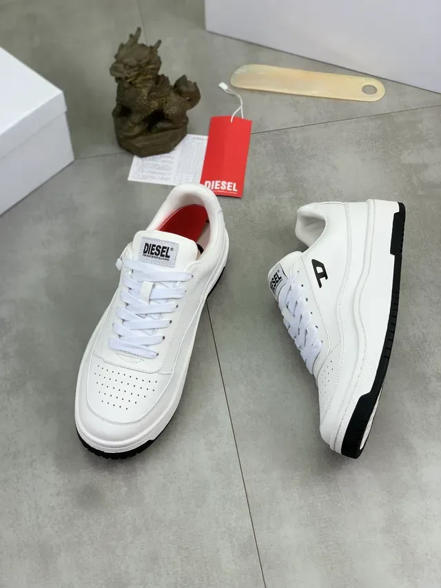 Diesel White Black Leather-Like Upper Perforated Toebox Lifestyle Sneakers 5