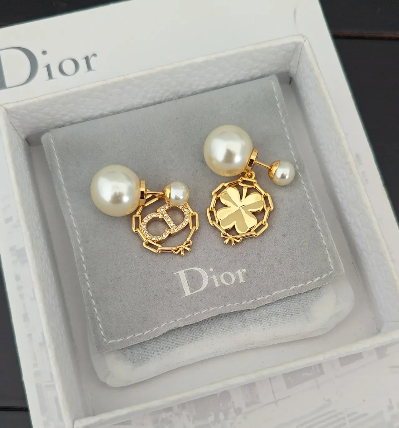 Dior Asymmetrical Double-Pearl Gold-Tone Logo Charm Earrings 2