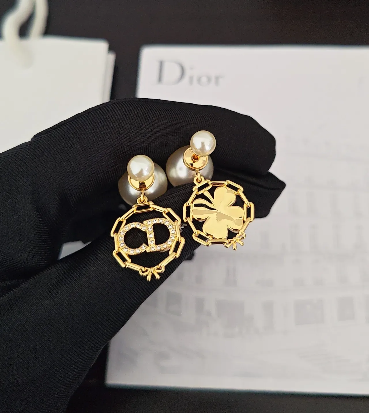 Dior Asymmetrical Double-Pearl Gold-Tone Logo Charm Earrings 4