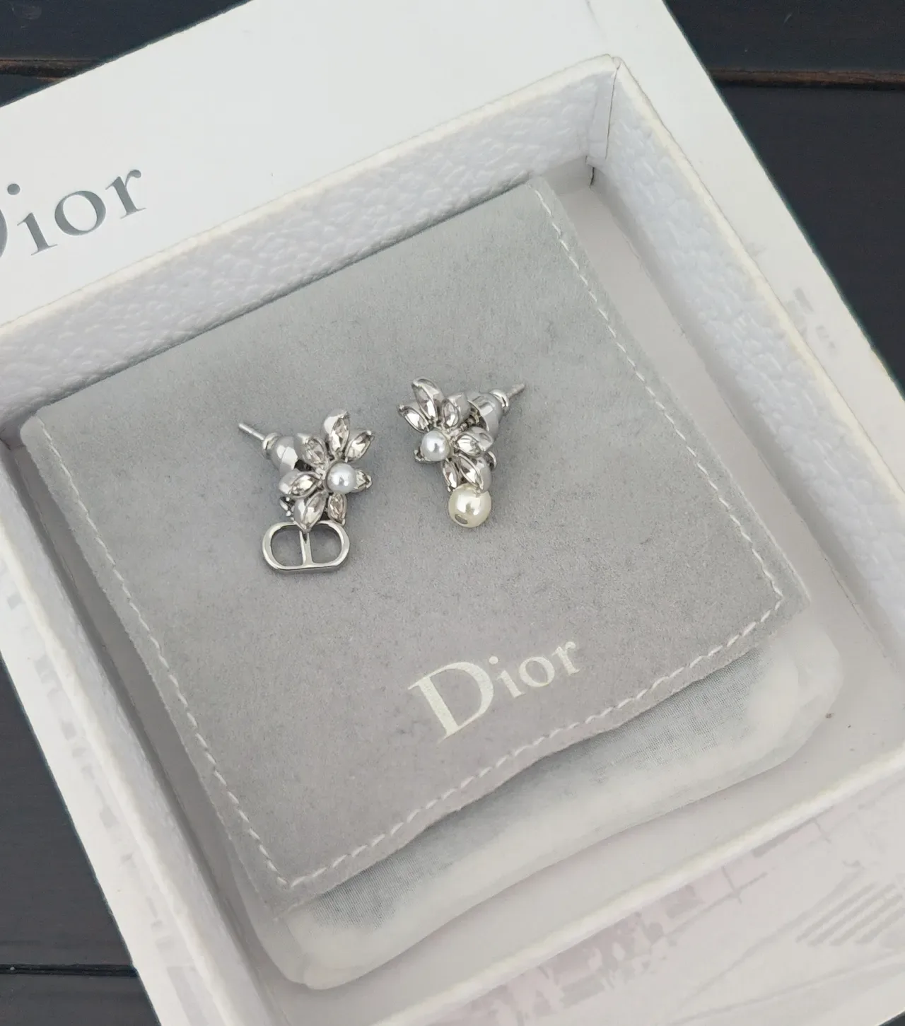 Dior Asymmetrical Floral Pearl and CD Charm Earrings 2