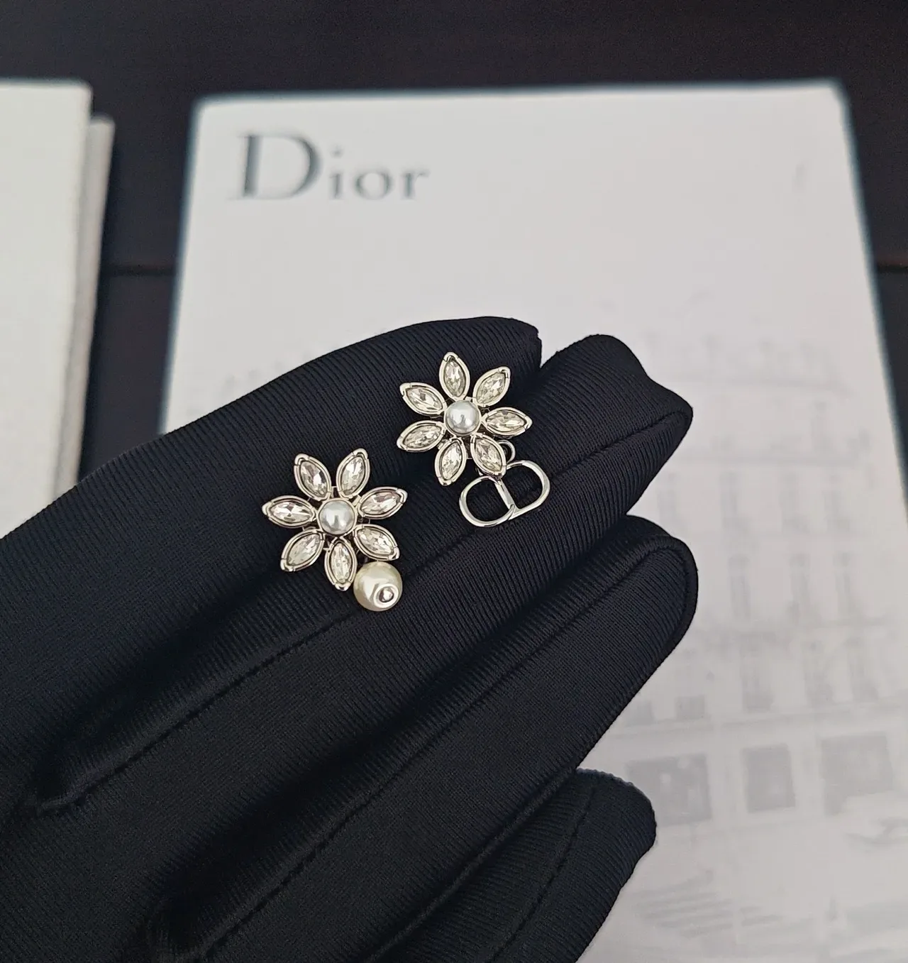 Dior Asymmetrical Floral Pearl and CD Charm Earrings 4