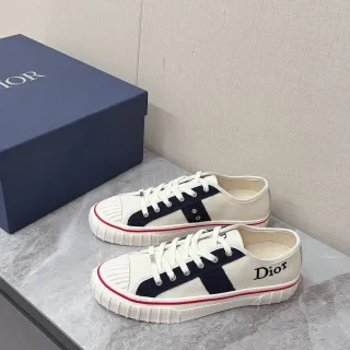 Dior B23 Beige Navy Canvas Upper Cross-Stripe Panel Lifestyle Sneakers