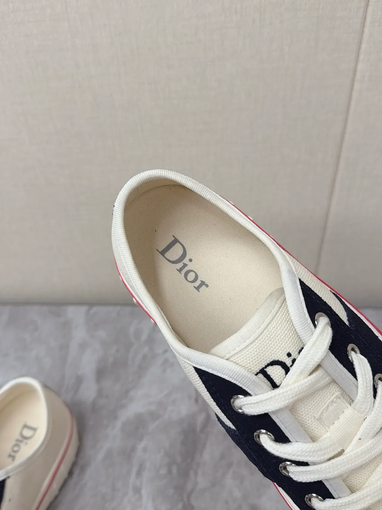 Dior B23 Beige Navy Canvas Upper Cross-Stripe Panel Lifestyle Sneakers 3