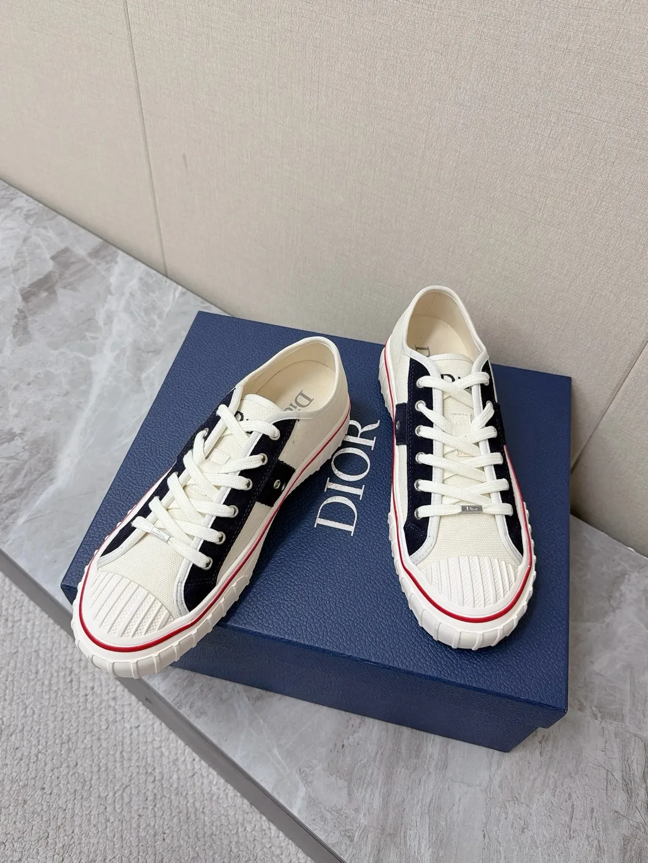 Dior B23 Beige Navy Canvas Upper Cross-Stripe Panel Lifestyle Sneakers 4