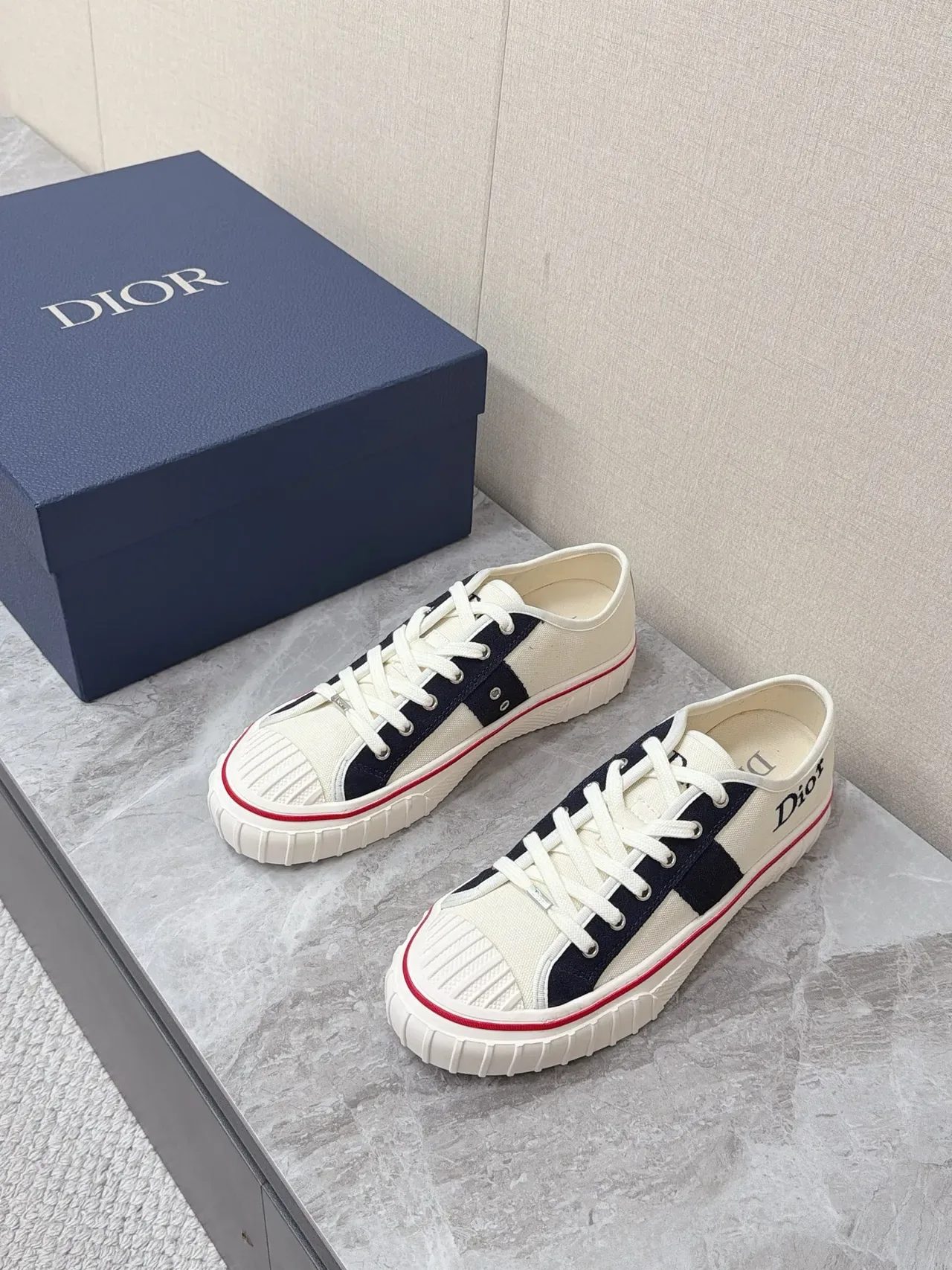 Dior B23 Beige Navy Canvas Upper Cross-Stripe Panel Lifestyle Sneakers 5