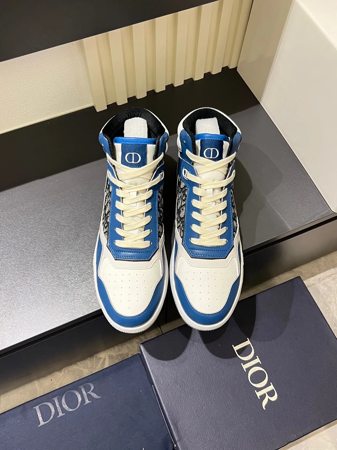 Dior B23 Blue and White Monogram High-Top Lifestyle Sneakers 2