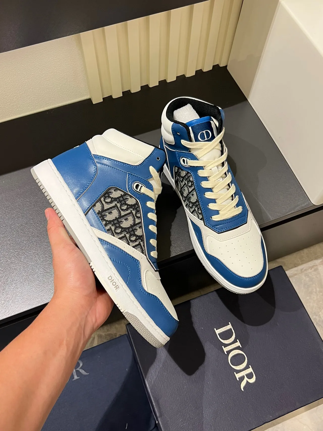 Dior B23 Blue and White Monogram High-Top Lifestyle Sneakers 5