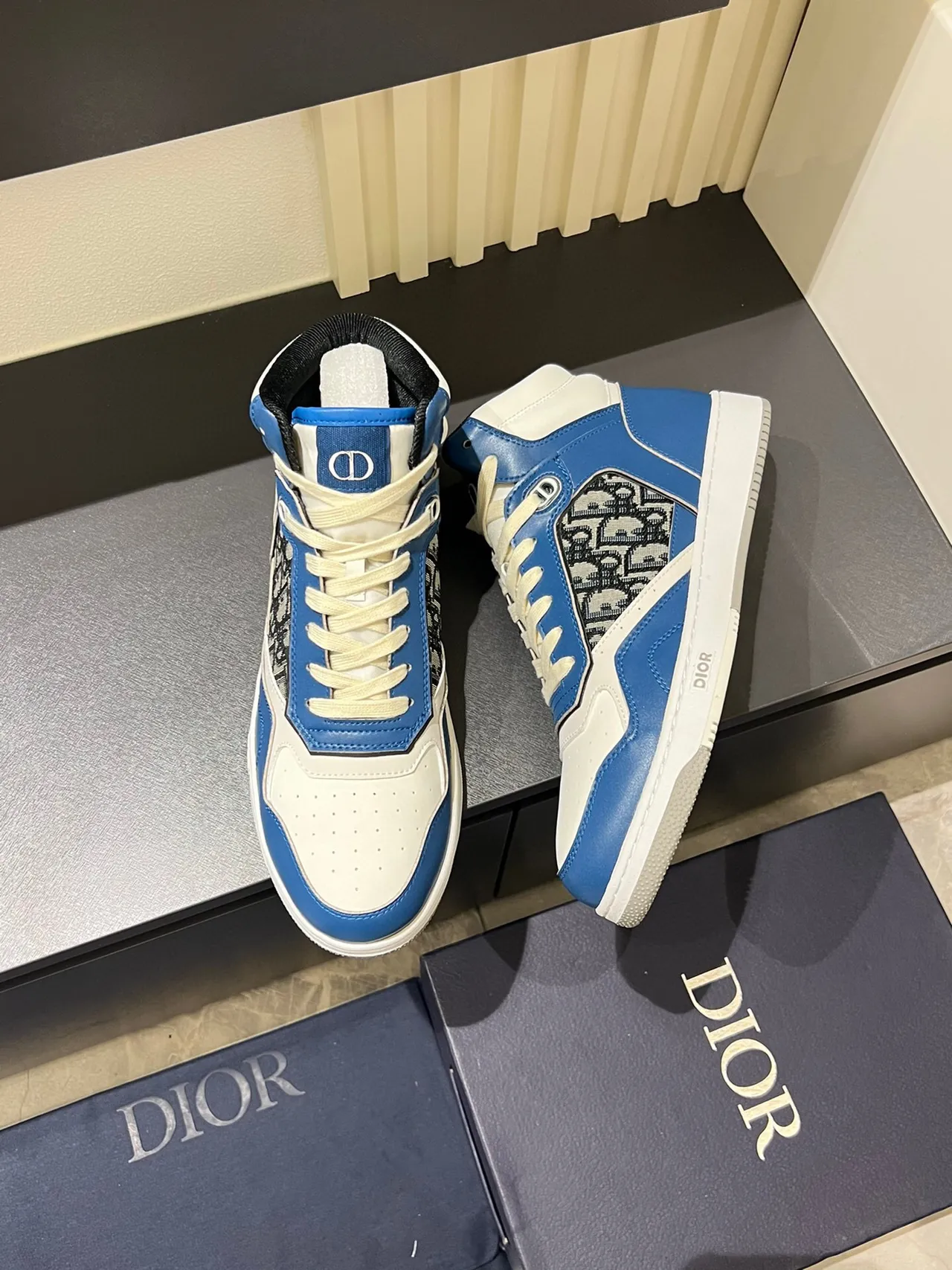 Dior B23 Blue and White Monogram High-Top Lifestyle Sneakers 6