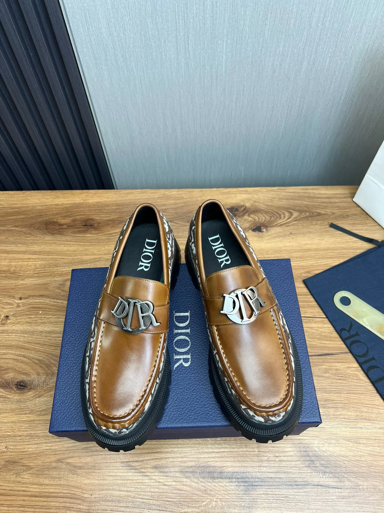 Dior B23 Loafer Tan Leather Monogram Textile Chunky Lug Sole Loafer 2