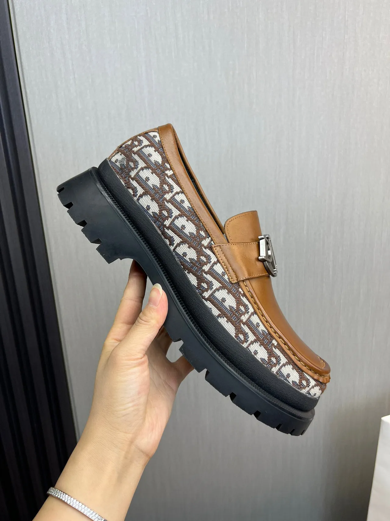 Dior B23 Loafer Tan Leather Monogram Textile Chunky Lug Sole Loafer 4