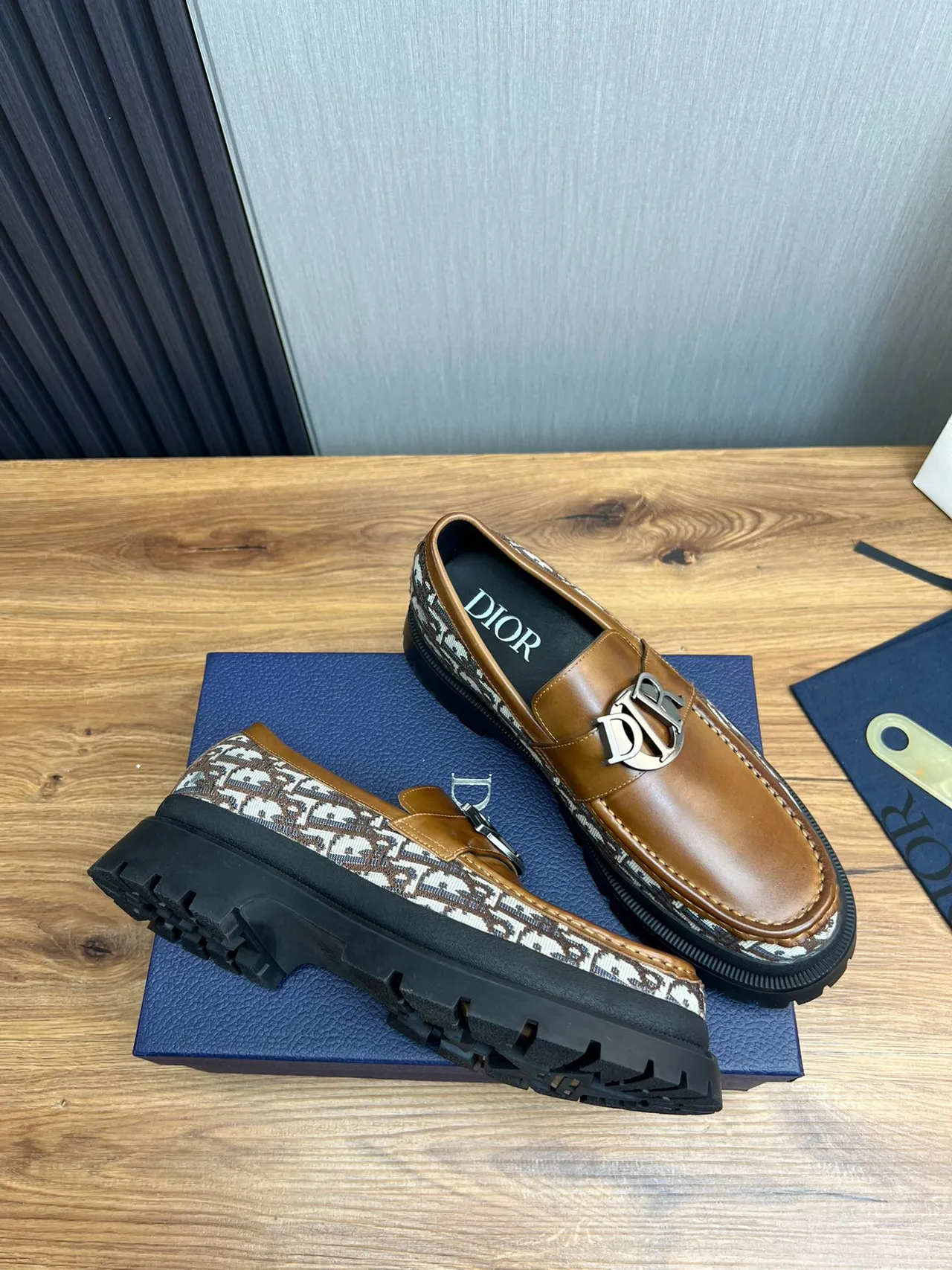 Dior B23 Loafer Tan Leather Monogram Textile Chunky Lug Sole Loafer 6