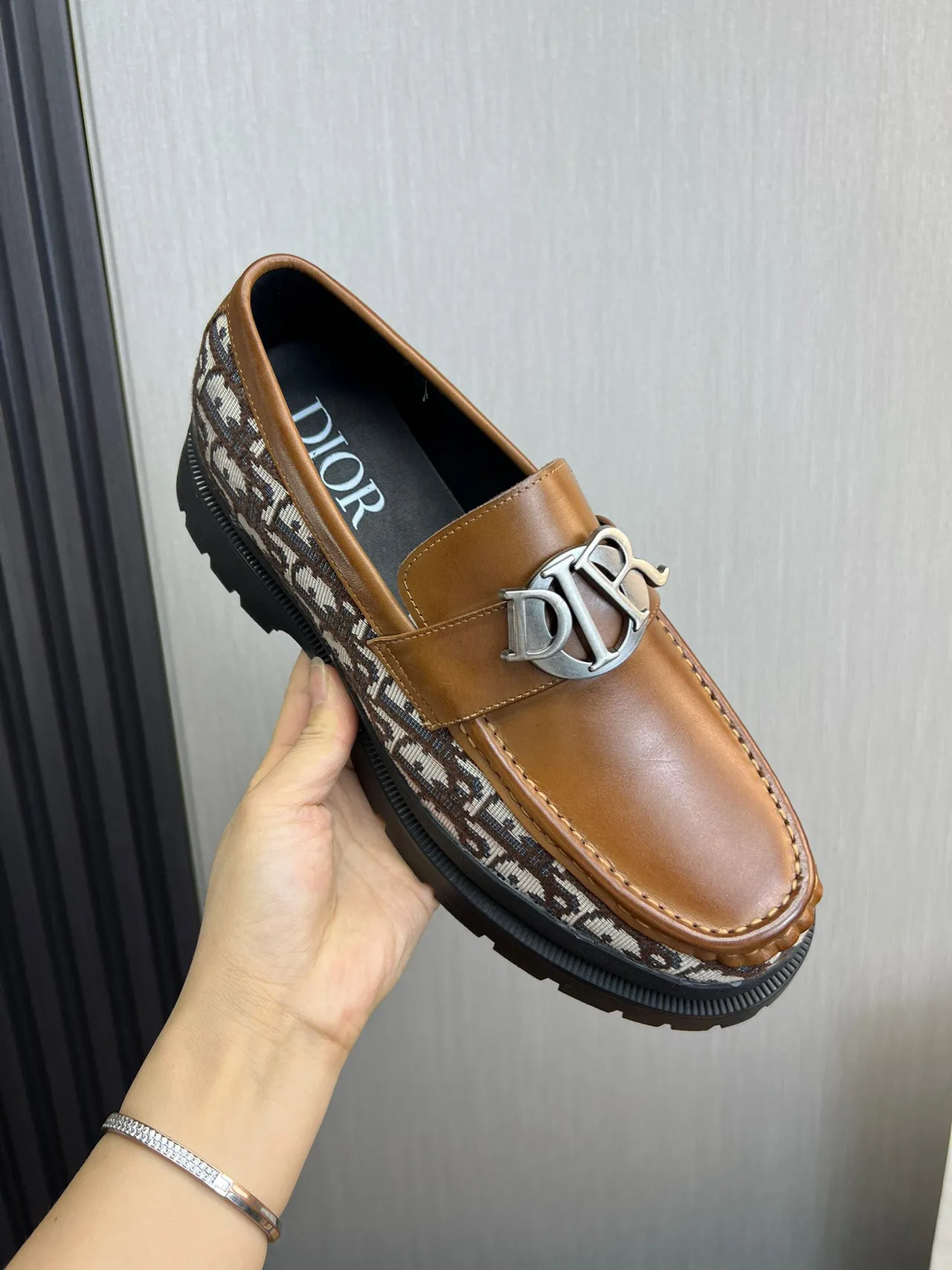 Dior B23 Loafer Tan Leather Monogram Textile Chunky Lug Sole Loafer 7