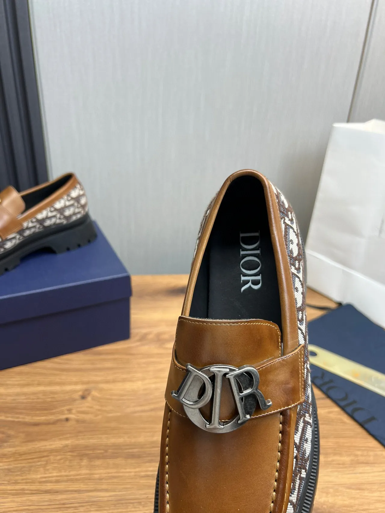 Dior B23 Loafer Tan Leather Monogram Textile Chunky Lug Sole Loafer 8
