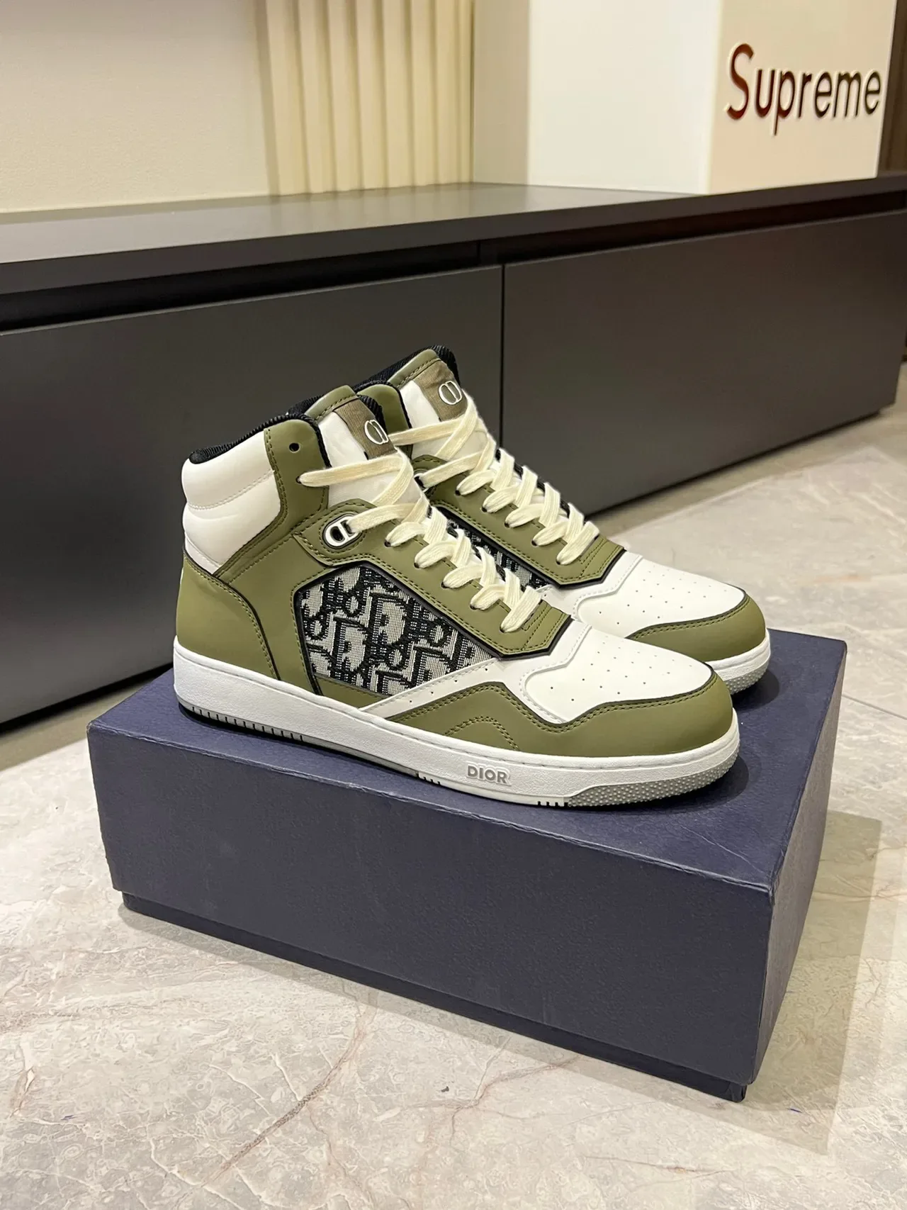 Dior B23 Olive Green and White Monogram High-Top Lifestyle Sneakers 3
