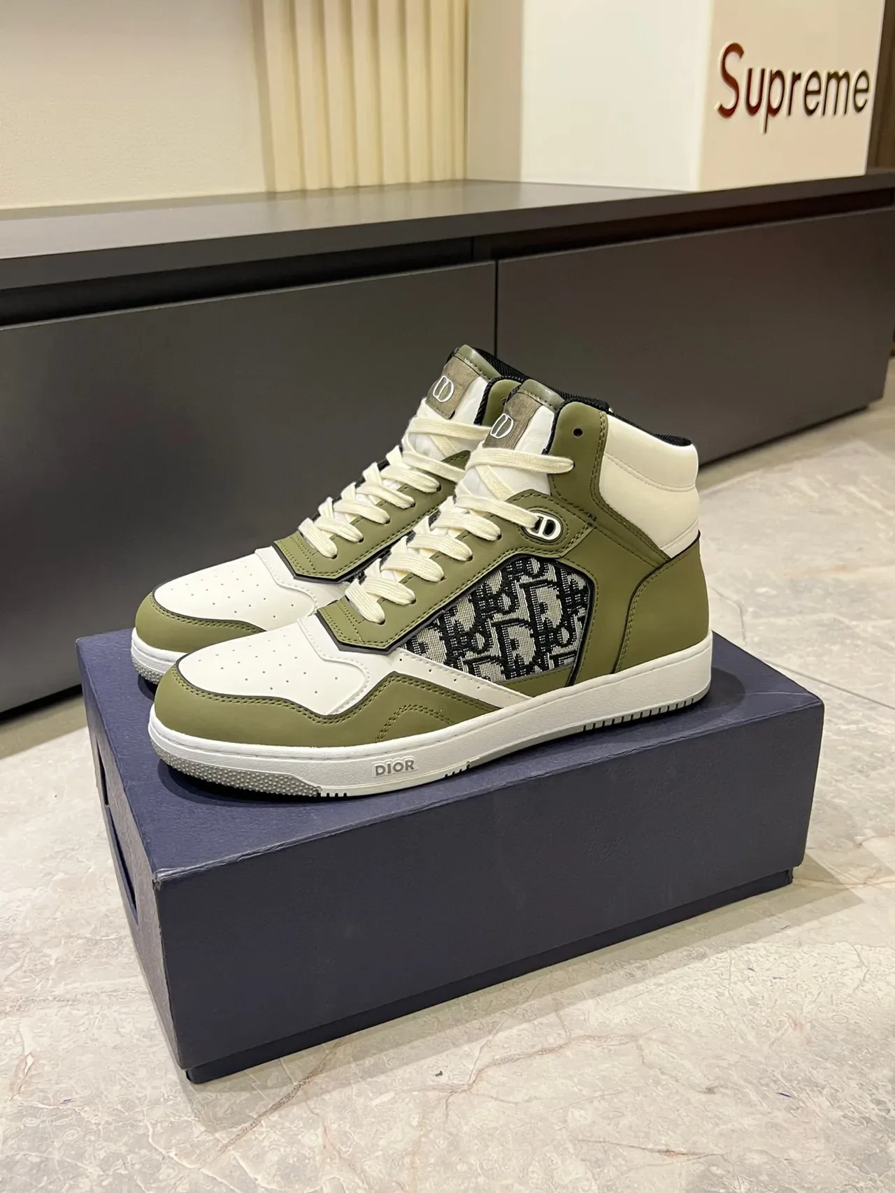 Dior B23 Olive Green and White Monogram High-Top Lifestyle Sneakers 4