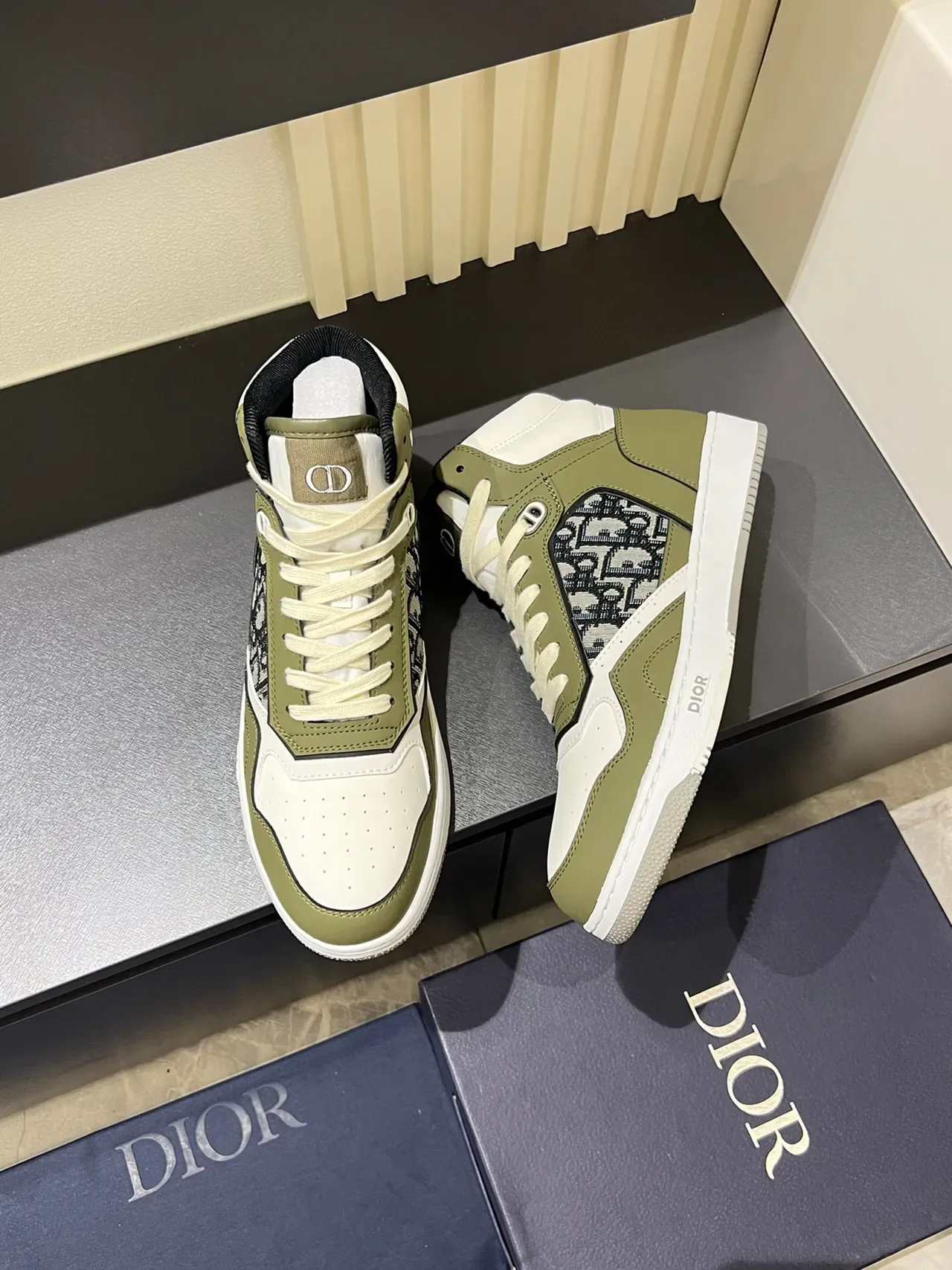 Dior B23 Olive Green and White Monogram High-Top Lifestyle Sneakers 5
