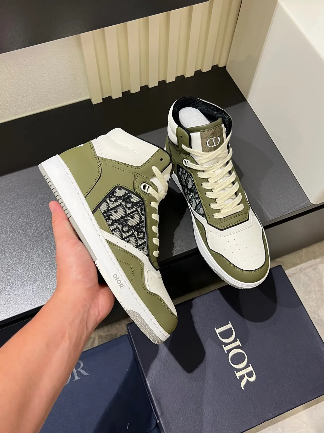 Dior B23 Olive Green and White Monogram High-Top Lifestyle Sneakers 6