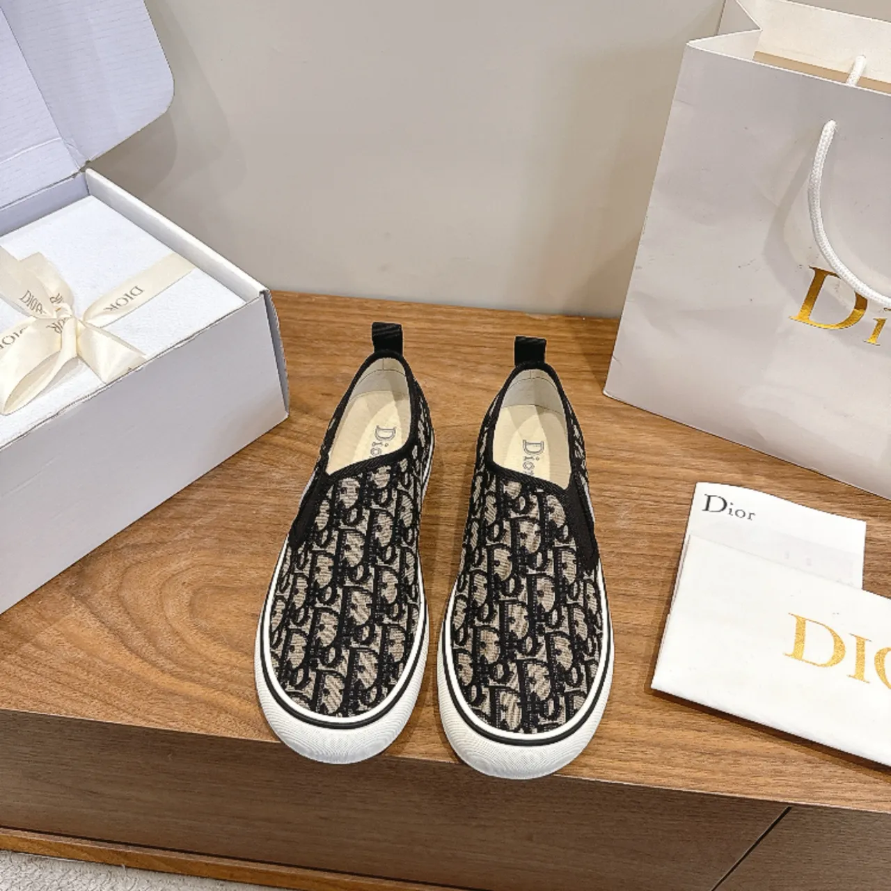Dior Beige Black Monogram Jacquard Upper Slip-On Construction Lifestyle Sneakers 5