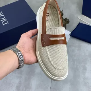 Dior भूरी भूरा बुना हुआ टेक्सटाइल ऊपरी टैन चमड़ा पेनी पट्टी लोफर