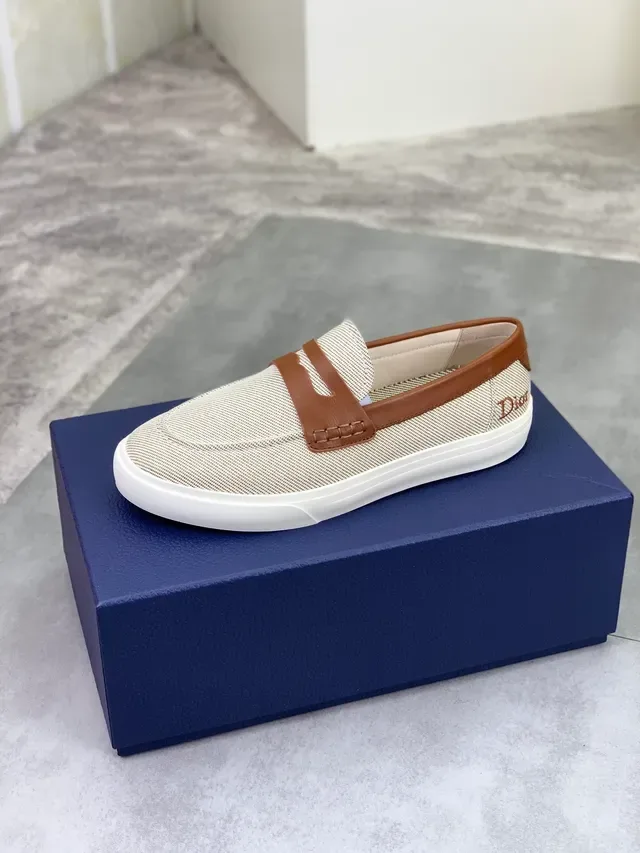 Dior Beige Brown Woven Textile Upper Tan Leather Penny Strap Loafer 4