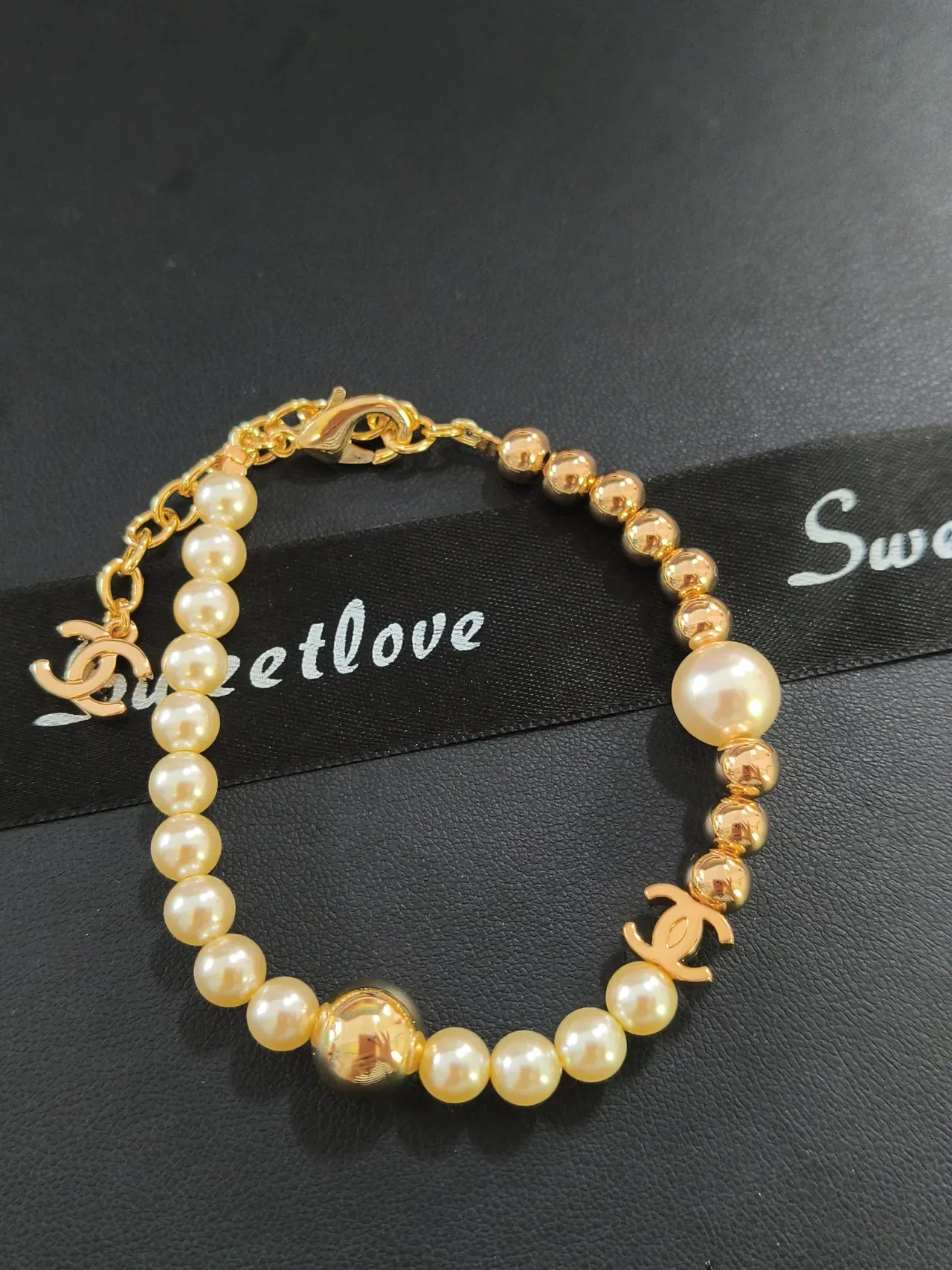 Dior Beige Gold Pearl Strand Hardware Bracelet 7