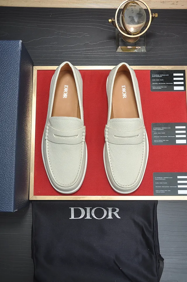 Dior Beige White Pebbled Leather Penny Strap Loafer 5