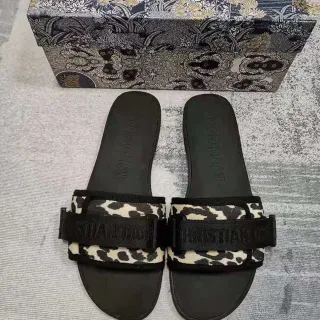 Dior Black Multicolor Leopard-Print Fabric Embossed Logo Strap Slippers