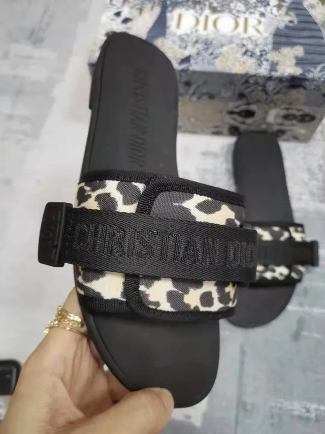 Dior Black Multicolor Leopard-Print Fabric Embossed Logo Strap Slippers 2