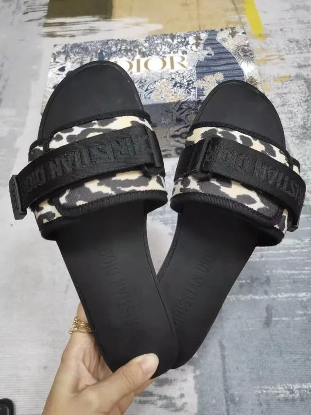 Dior Black Multicolor Leopard-Print Fabric Embossed Logo Strap Slippers 3