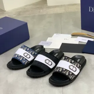 Dior काले नेवी ओब्लिक मोनोग्राम फैब्रिक CD बकल हार्डवेयर चप्पल