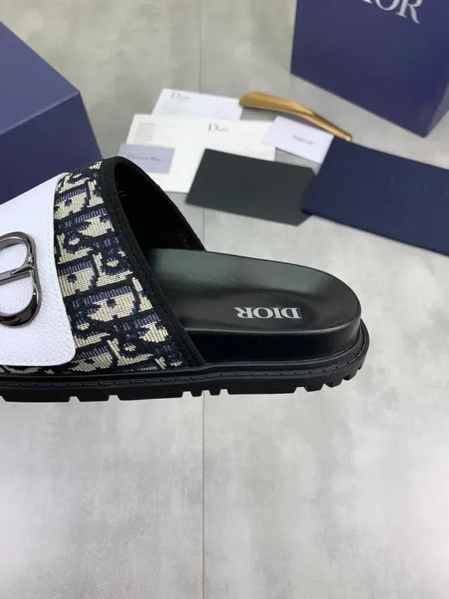 Dior Black Navy Oblique Monogram Fabric CD Buckle Hardware Slippers 4