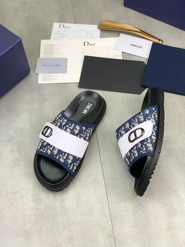 Dior Black Navy Oblique Monogram Fabric CD Buckle Hardware Slippers 5