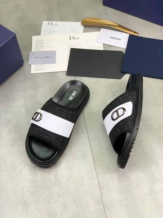 Dior Black Navy Oblique Monogram Fabric CD Buckle Hardware Slippers 6