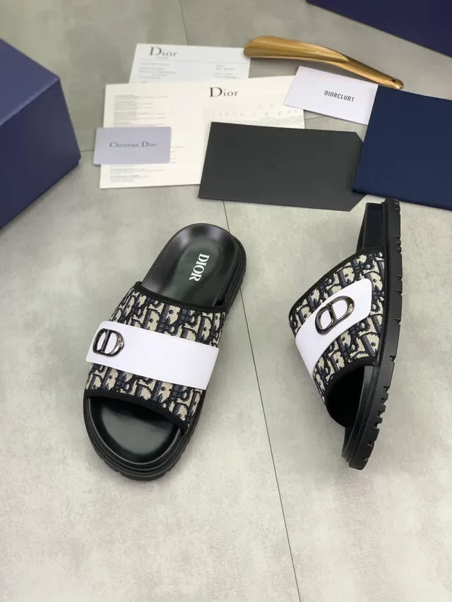 Dior Black Navy Oblique Monogram Fabric CD Buckle Hardware Slippers 7