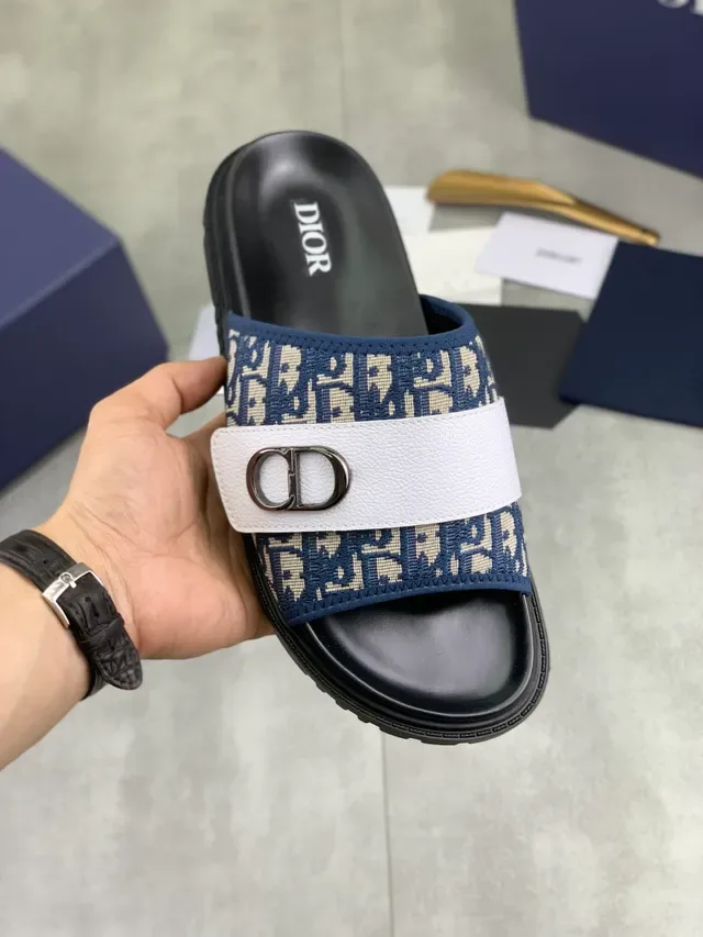 Dior Black Navy Oblique Monogram Fabric CD Buckle Hardware Slippers 8