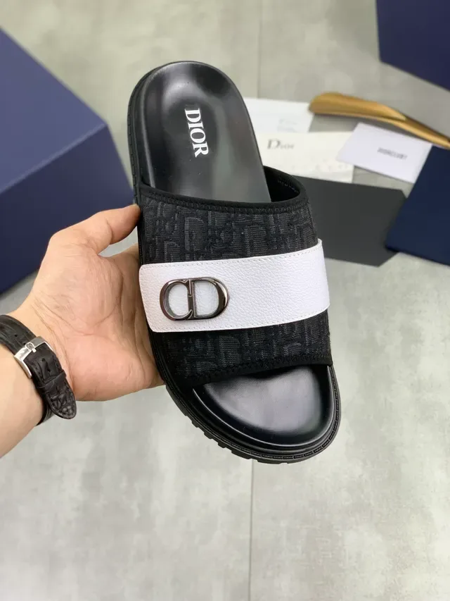 Dior Black Navy Oblique Monogram Fabric CD Buckle Hardware Slippers 9