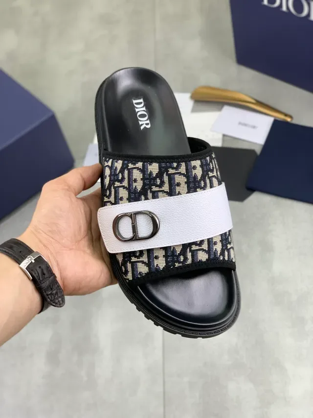 Dior Black Navy Oblique Monogram Fabric CD Buckle Hardware Slippers 10