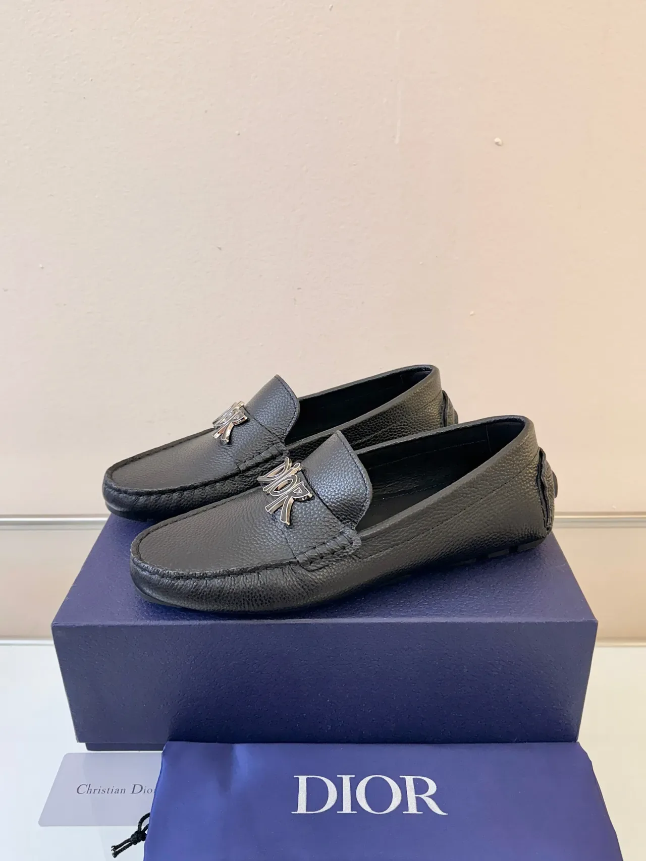 Dior Black Silver Pebbled Leather Metal Logo Hardware Loafer 2