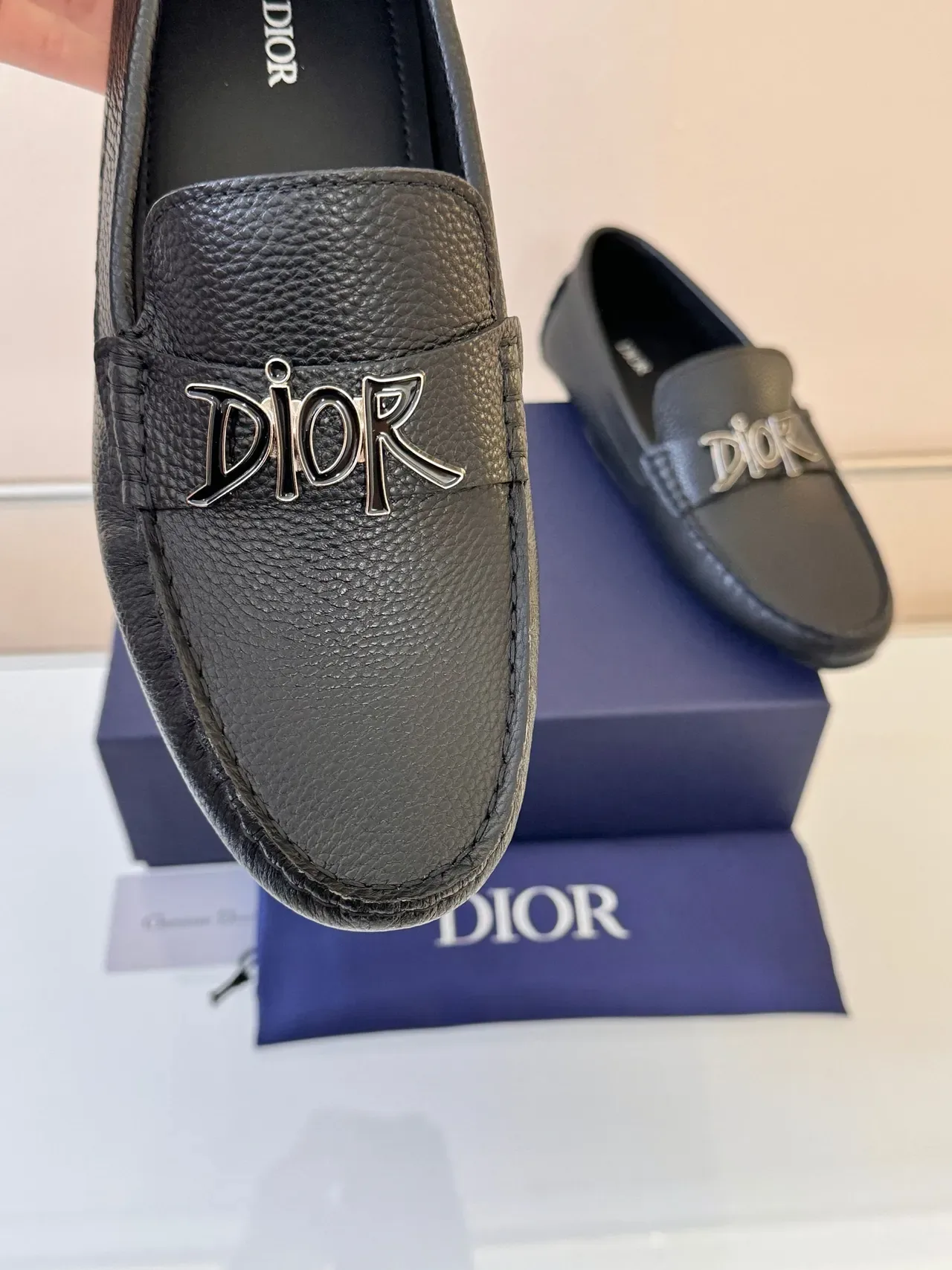 Dior Black Silver Pebbled Leather Metal Logo Hardware Loafer 3